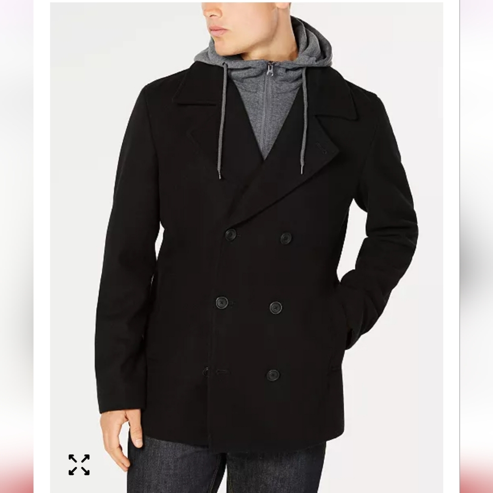 American Rag Men's Double-Breasted Black Peacoat with Removable Hooded Layer